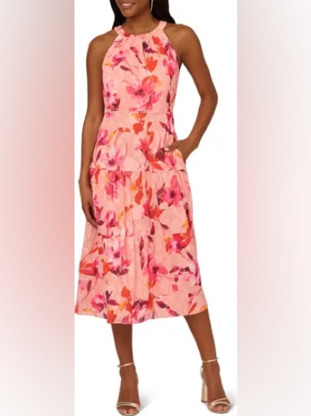 Adrianna Papell Coral and Pink Floral Tiered Dress